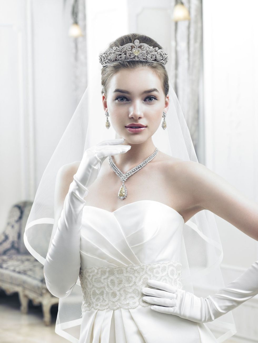 Clothing, Bridal clothing, Bridal accessory, Shoulder, Photograph, White, Wedding dress, Dress, Bride, Eyelash, 