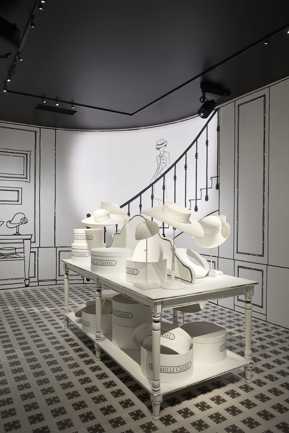 <p>        踏入D MUSEUM的挑高階梯，最先映入眼簾的是香奈兒女士鍾愛的亮漆烏木屏風圖樣屋頂，以及一系列的裝飾藝術作品，接著進入M1樓層內，仿照1913年首家Chanel法國專賣店打造的杜維埃房間（Deauville Room），在裝飾著帽盒及一系列短片的摩登空間內，線條感強烈的優雅圖樣搶佔視覺焦點，同時召喚舊時Chanel記憶再現。<span class="redactor-invisible-space"></span></p>