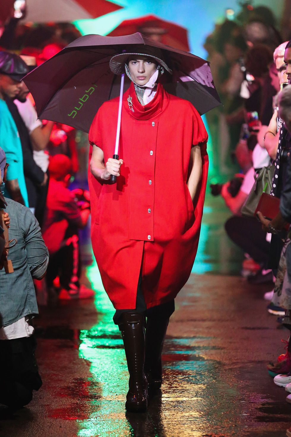 Winter, Red, Hat, Fashion, Umbrella, Costume accessory, Boot, Costume design, Costume, Acting, 