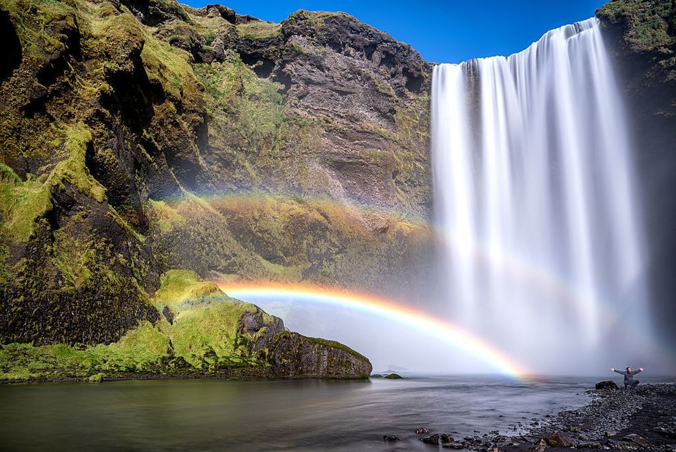 Waterfall, Body of water, Natural landscape, Nature, Water resources, Water, Rainbow, Sky, Watercourse, Meteorological phenomenon, 