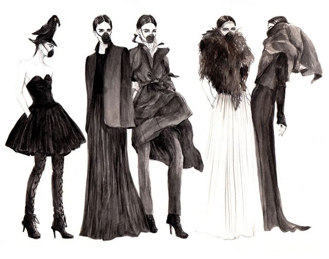 Victorian fashion, Fashion, Fashion illustration, Costume design, Fashion design, Outerwear, Illustration, Little black dress, Dress, Gothic fashion, 