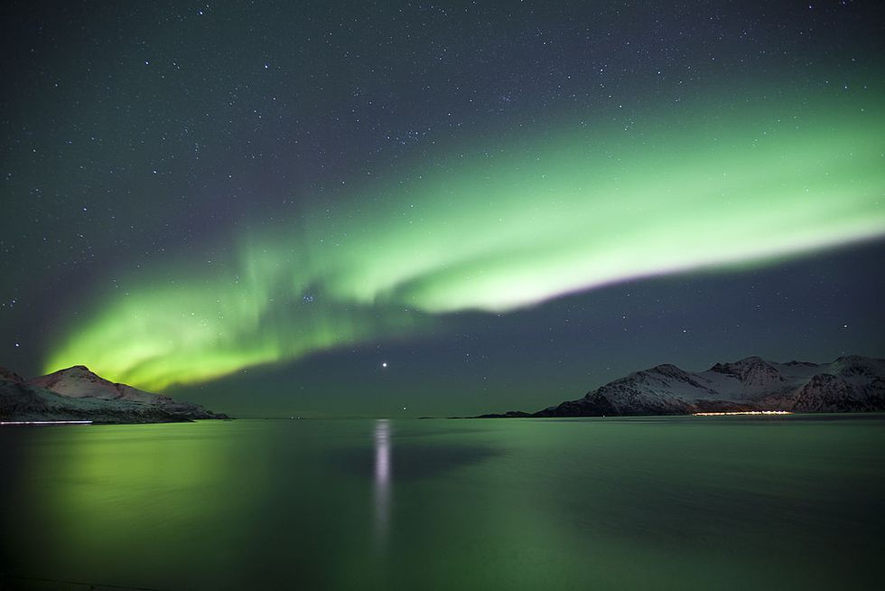 Sky, Aurora, Nature, Green, Light, Atmosphere, Arctic, Water, Fjord, Night, 