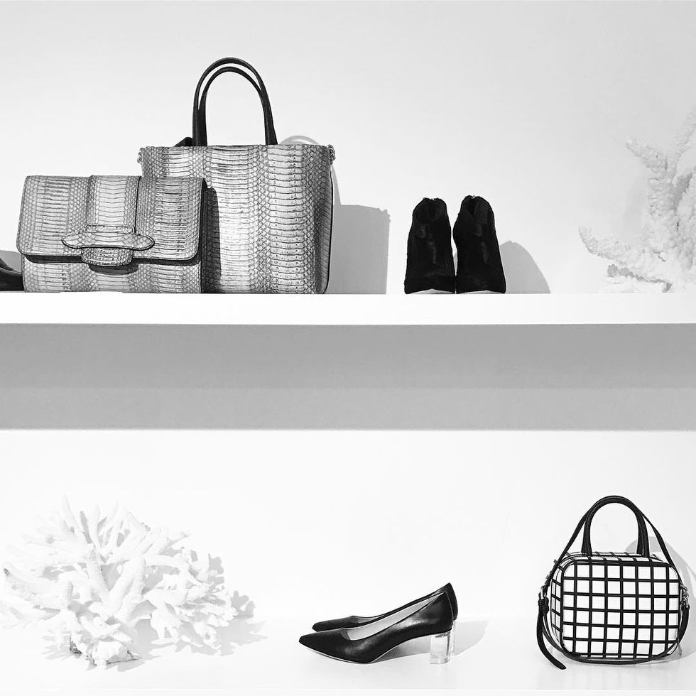 Footwear, Shelf, Black-and-white, Shoe, Basket, Picnic basket, Storage basket, Furniture, Style, Bag, 