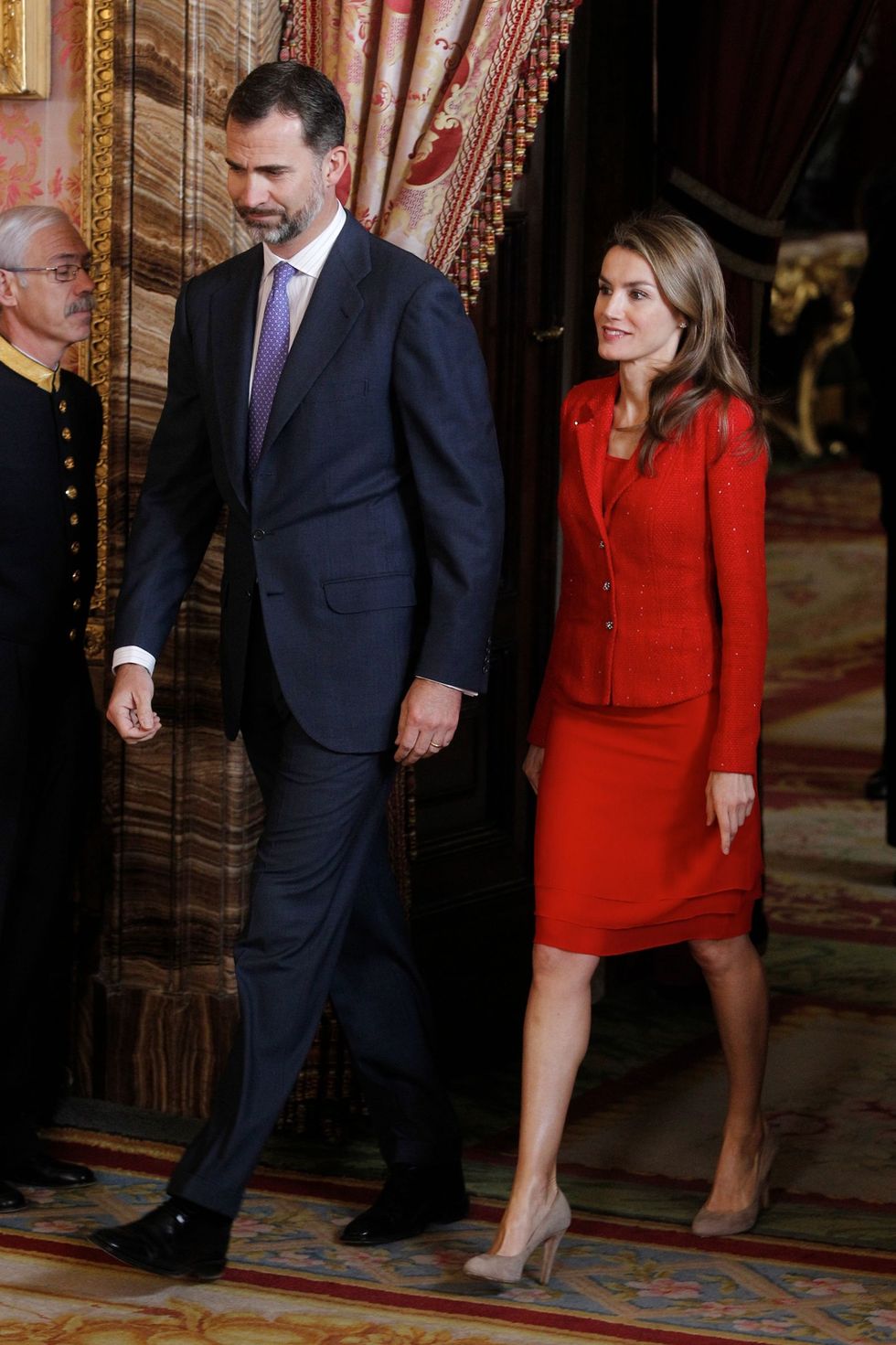 MADRID, SPAIN - APRIL 22:  Prince Felipe of Spain and Princess Letizia of Spain attend a lunch for the "2013 Cervantes Award" at the Royal Palace on April 22, 2013 in Madrid, Spain.  (Photo by Miguel Acero - Pool/Getty Images)
