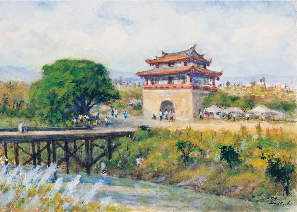 Watercolor paint, Painting, Chinese architecture, Wall, Architecture, Bank, Pagoda, Sky, Paint, Art, 