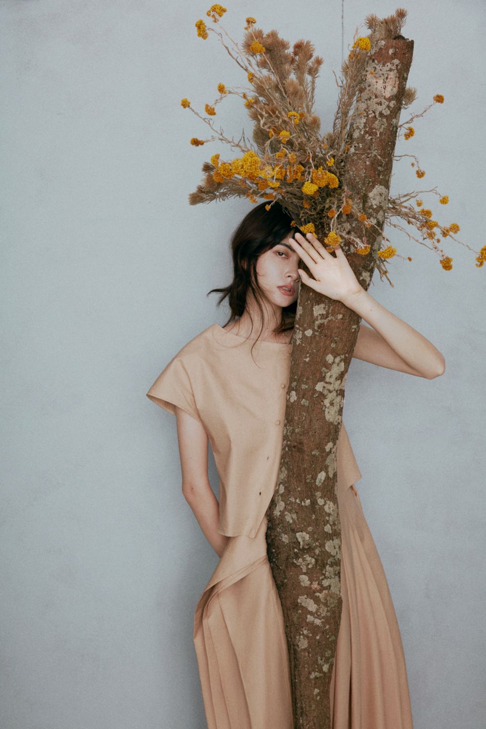 Clothing, Yellow, Formal wear, Dress, Long hair, Textile, Fawn, Costume, Haute couture, Plant, 