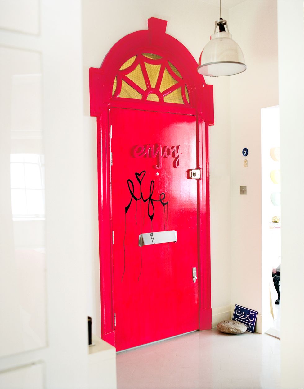 Red, Pink, Wall, Clock, Door, Architecture, Room, Home accessories, Arch, Wall clock, 