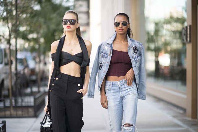 Clothing, Street fashion, Shoulder, Fashion, Crop top, Eyewear, Jeans, Outerwear, Waist, Denim, 