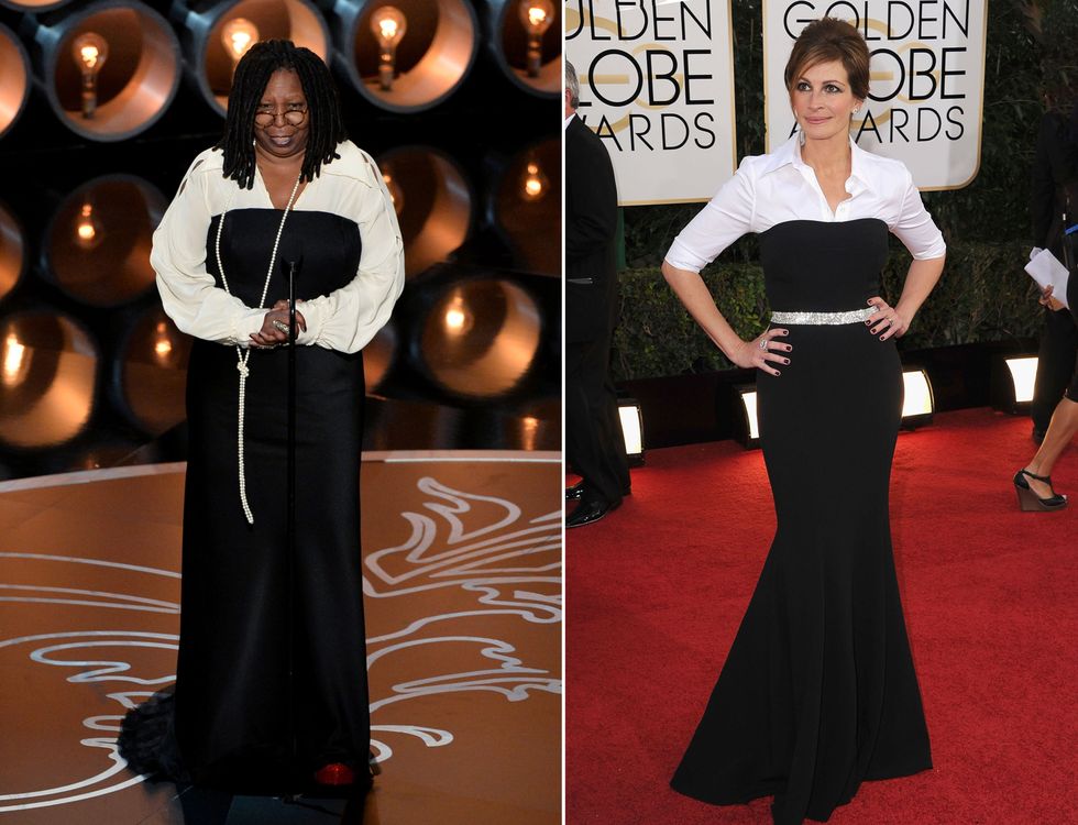 <p>襯衫與平口洋裝的組合在紅毯上可說是十分罕見，但在2014年時，這樣的搭配竟在兩大電影盛事相繼出現；茱莉亞羅勃茲<span class="redactor-invisible-space"></span>Julia Roberts（右）先是在當年的金球獎穿上Dolce &amp; Gabanna的設計，而不到兩個月後，琥碧戈柏<span class="redactor-invisible-space"></span>Whoopi Goldberg（左）也以類似的造型出席那年的奧斯卡，成就了一次有趣的紅毯巧合事件。<span class="redactor-invisible-space" data-verified="redactor" data-redactor-tag="span" data-redactor-class="redactor-invisible-space"></span></p>