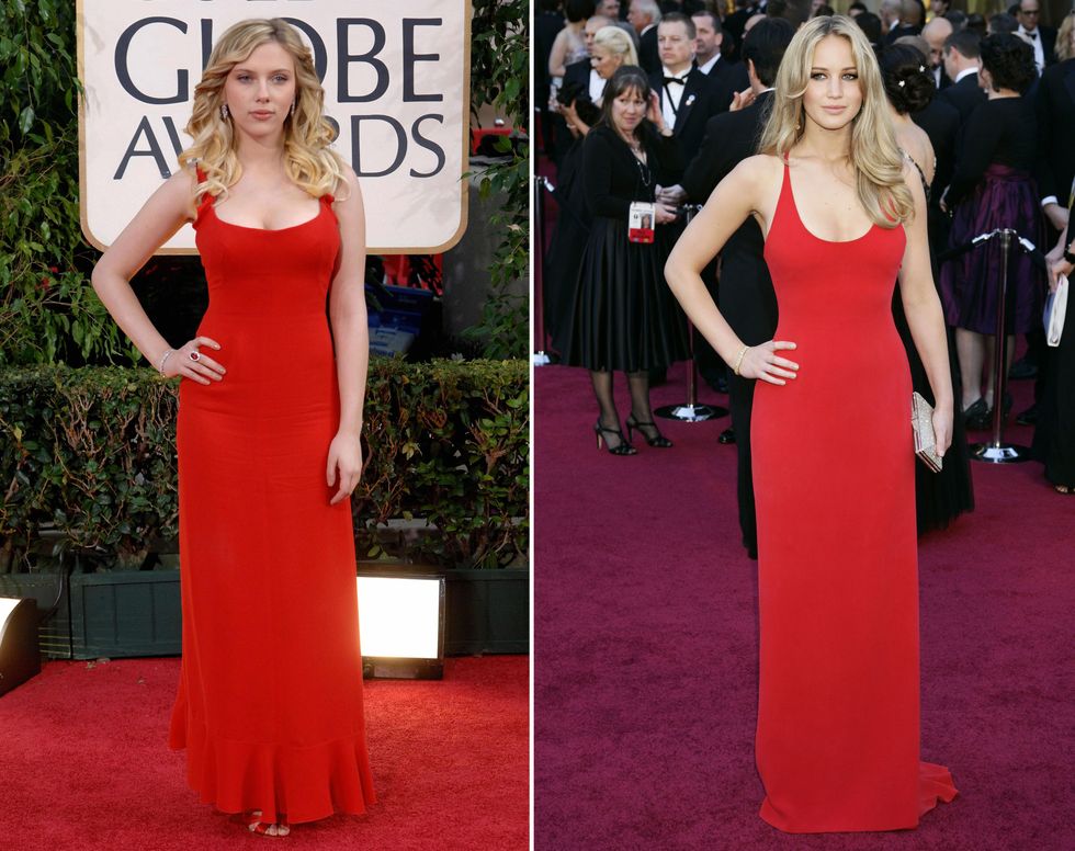<p>同樣的極簡正紅及貼身輪廓，甚至是髮型及手鍊都極其相似，乍看之下兩人就如雙胞胎般相似指數破表！但若細看，便可發現史嘉蕾喬韓森<span class="redactor-invisible-space"></span>Scarlett Johansson（左）於2006年金球獎所穿的Valentino洋裝，於肩帶及裙沿均有荷葉邊設計，而珍妮佛·勞倫斯<span class="redactor-invisible-space"></span>Jennifer Lawrence（右）在2011年奧斯卡典禮上的Calvin Klein紅裙，整體剪裁實則更為俐落簡斂。<span class="redactor-invisible-space" data-verified="redactor" data-redactor-tag="span" data-redactor-class="redactor-invisible-space"></span></p>