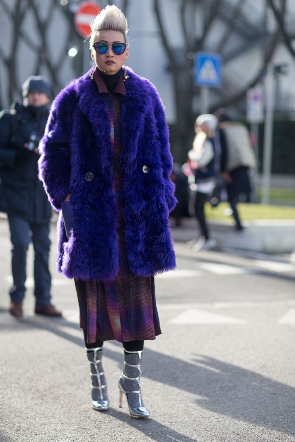 Fur, Street fashion, Fashion, Clothing, Purple, Fur clothing, Pink, Electric blue, Snapshot, Cobalt blue, 