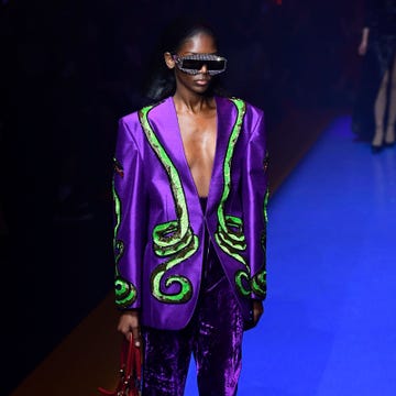 Fashion, Runway, Fashion show, Fashion model, Fashion design, Purple, Electric blue, Eyewear, Outerwear, Event, 