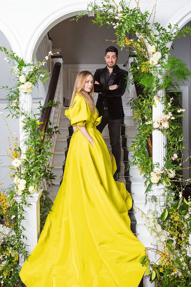 Yellow, Clothing, Dress, Gown, Shoulder, Fashion, Haute couture, Formal wear, Outerwear, Photo shoot, 