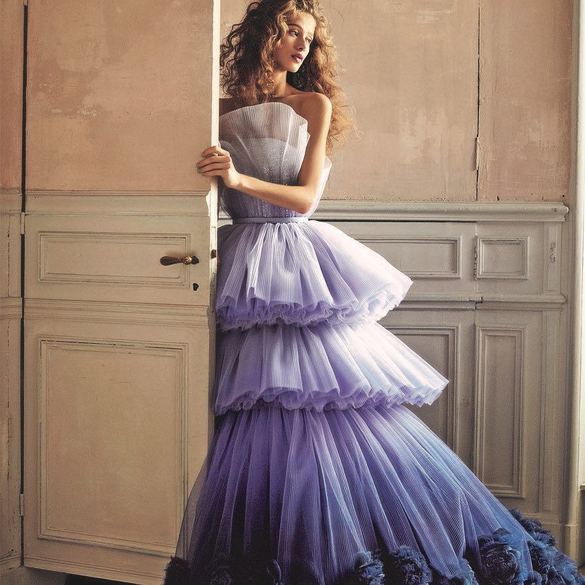 Gown, Dress, Clothing, Shoulder, Purple, Bridal party dress, Haute couture, Lilac, Lavender, Formal wear, 