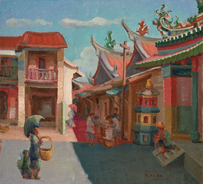 Painting, Chinese architecture, Watercolor paint, Temple, Art, Visual arts, Illustration, Architecture, Building, Shrine, 