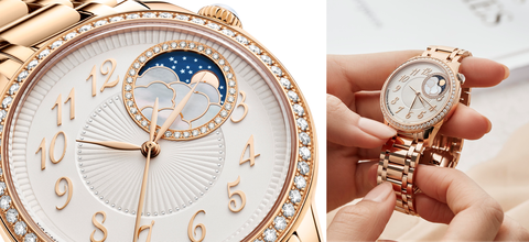 Égérie系列月相錶以不稱偏心月相盤，與古老織錦工藝詮釋時尚的褶皺紋飾之美