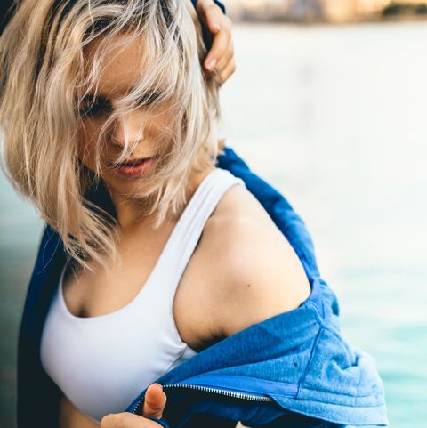 Hair, Blue, Water, Blond, Beauty, Skin, Hairstyle, Shoulder, Arm, Photography, 