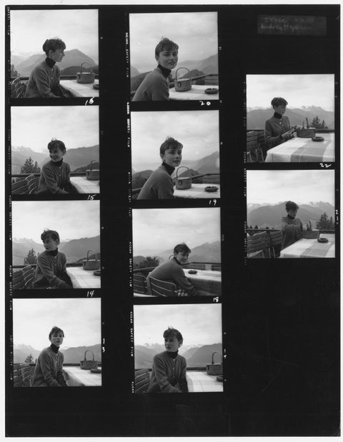 a contact sheet depicting belgian born actress audrey hepburn 1929   1993 on the terrace of the restaurant hammetschwand at the summit of the bürgenstock, switzerland, circa 1955 photo by graphic housearchive photosgetty images