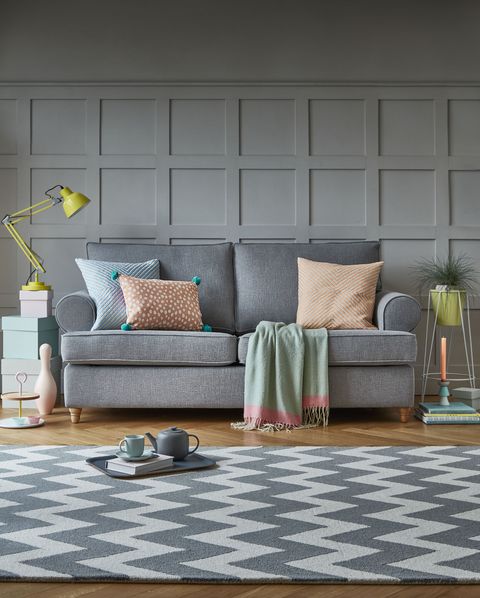 19 Grey Living Room Ideas, Teal Rug Grey Sofa Design