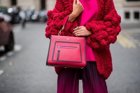 Red, Pink, Street fashion, Magenta, Fur, Fashion, Shoulder, Beauty, Fashion accessory, Joint, 