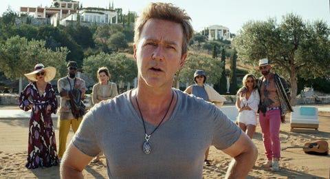 glass onion a knives out mystery 2022 lr kate hudson as birdie, leslie odom jr as lionel, kathryn hahn as claire, edward norton as myles, jessica henwick as peg, madelyn cline as whiskey and dave bautista as duke cr courtesy of netflix © 2022
