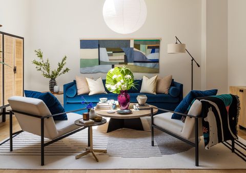 living room, blue couches