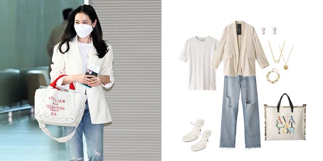 韓国女優ソン・イェジンがサマージャケットにデニムパンツやロゴバッグを合わせたきれいめカジュアル大人コーデ