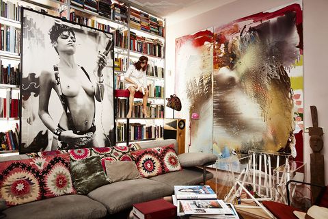 Room, Red, Interior design, Living room, Furniture, Art, Collection, Building, Couch, Wallpaper, 