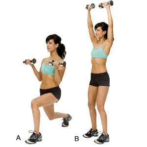 Traveling Lunge with Biceps Curl and Shoulder Press.