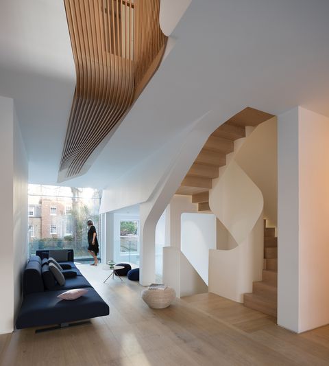 Interior design, Room, Property, Architecture, Ceiling, House, Stairs, Building, Floor, Wood flooring, 