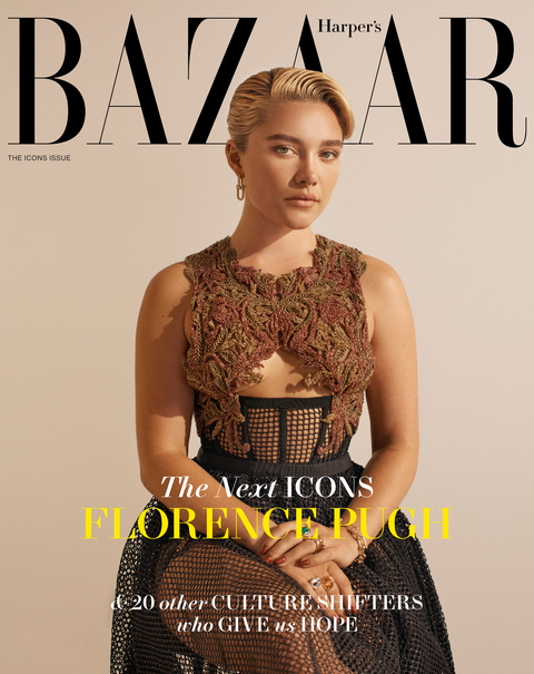 harpers bazaar cover, florence sits in center wearing sparkling gown with black net skirt, text says the next icons florence pugh and 20 other culture shifters that give us hope