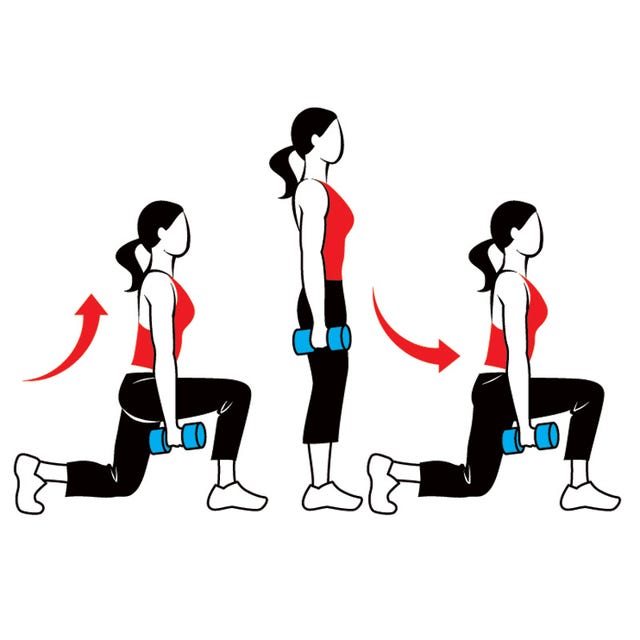 Dumbbell Lunges: Hold a dumbbell in each hand and step forward with one leg, bending both knees until they form 90-degree ang