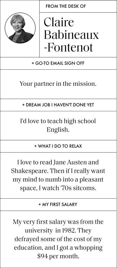 a set of designed questions and answers that read

from the desk of

go to email sign off 
your partner in the mission

dream job i haven't done yet 
i'd love to teach high school english


what i do to relax 
i love to read jane austen and shakespeare then if i really want my mind to numb into a pleasant space, i watch '70s sitcoms

my first salary 
my very first salary was from the university in 1982 they defrayed some of the cost of my education, and i got a whopping 94 dollars per month