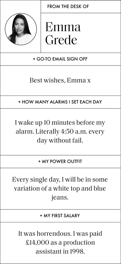 a designed qa that says from the desk of emma grede and then reads

go to email sign off
best wishes, emma x

how many alarms i set each day
i wake up 10 minutes before my alarm literally 450 am every day without fail

my power outfit
every single day, i will be in some variation of a white top and blue jeans

my first salary
it was horrendous i was paid 14,000 pounds as a production assistant in 1998