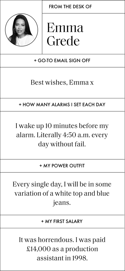 a designed qa that says from the desk of emma grede and then reads    go to email sign off  best wishes, emma x    how many alarms i set each day  i wake up 10 minutes before my alarm literally 450 am every day without fail    my power outfit  every single day, i will be in some variation of a white top and blue jeans    my first salary  it was horrendous i was paid 14,000 pounds as a production assistant in 1998