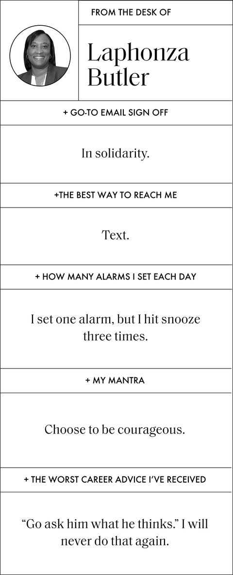 a graphic that reads from the desk of laphonza butler and then displays the following questions and answers

go to email sign off
in solidarity

how many alarms i set each day
i set one alarm, but i hit snooze three times
 
the best way to reach me
text

my mantra
choose to be courageous

the worst career advice i’ve received
go ask him what he thinks i will never do that again