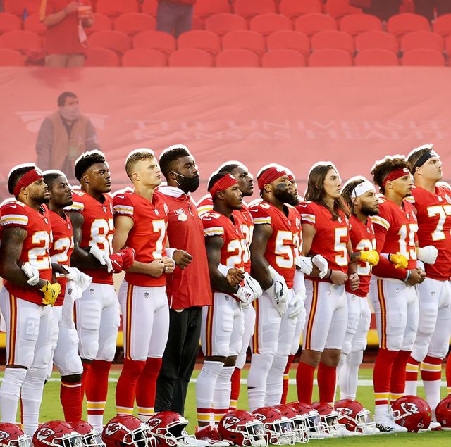 kansas city, missouri   september 10 members of the kansas city chiefs stand united for with locked arms before the start of a gam against the houston texans at arrowhead stadium on september 10, 2020 in kansas city, missouri photo by jamie squiregetty images