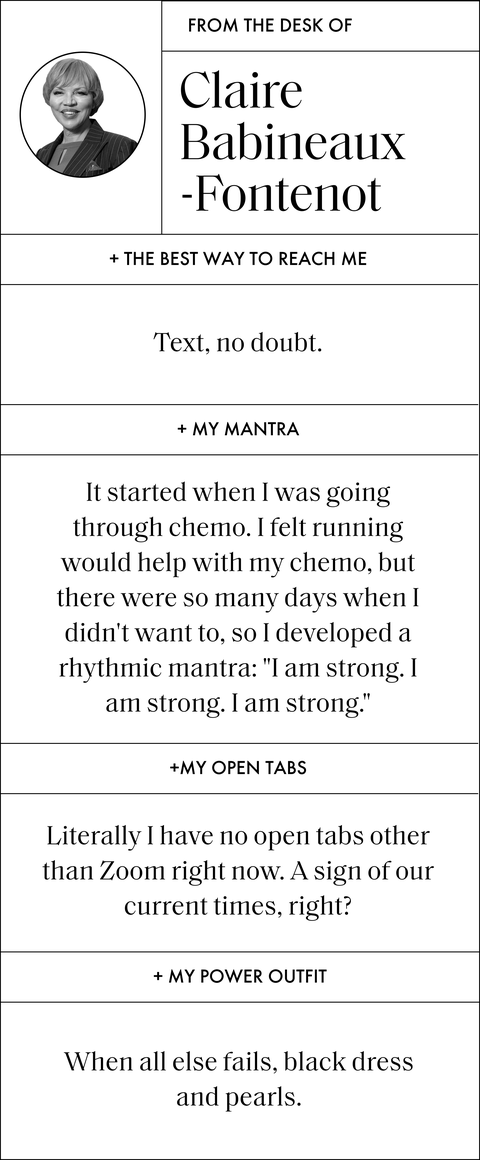 a designed qa that reads

from the desk of

the best way to reach me 
text, no doubt

my mantra 
it started when i was going through chemo i felt running would help with my chemo, but there were so many days when i didn't want to, so i developed a rhythmic mantra "i am strong i am strong i am strong"

my open tabs 
literally i have no open tabs other than zoom right now a sign of our current times, right

my power outfit 
when all else fails, black dress and pearls