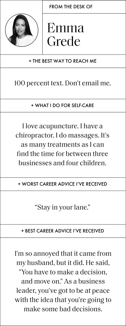 a designed qa that says from the desk of emma grede and then says

the best way to reach me
100 percent text don't email me

what i do for self care
i love acupuncture i have a chiropractor i do massages it's as many treatments as i can find the time for between three businesses and four children

worst career advice i've received
stay in your lane

best career advice i've received
i'm so annoyed that it came from my husband, but it did he said, you have to make a decision, and move on as a business leader, you've got to be at peace with the idea that you're going to make some bad decisions