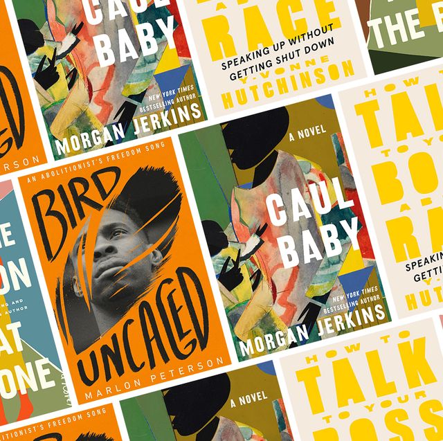 a collage of the covers of the books bird uncaged, caul baby, red at the bone, and how to talk to your boss about race