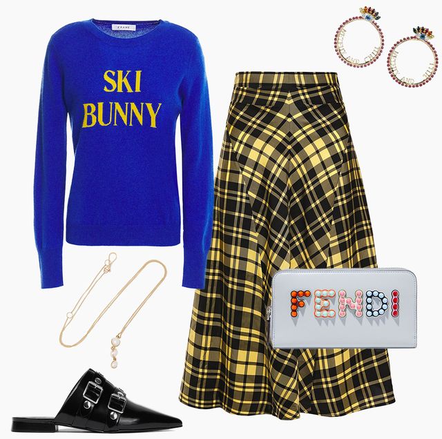 the outnet sale, black leather jacket, patent leather mules, denim jumpsuit, crystal earrings reading netflix and chill, plaid yellow skirt, and sweater reading ski bunny