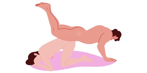 one partner gets on their hands and knees the other stands over them in a downward dog with their head at the opposite end from their partners as they slide inside they lift their legs into the air so that they're supported on their hands and their hips are against their partners butt