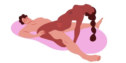 woman on top of partner she is slid up further up partners body than normal and her pelvis is curled in so that she is grinding against partners pubic bone