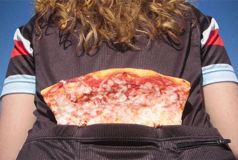 Cyclist with pizza in jersey pocket