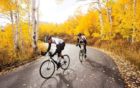 Two cyclists riding in the fall