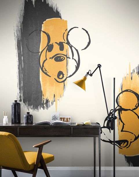 Yellow, Wall, Room, Mural, Art, Design, Interior design, Font, Visual arts, Illustration, 
