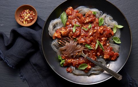 spicy turkey meat sauce and noodles