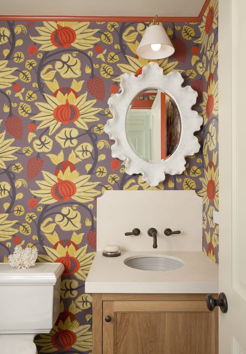 Room, Wall, Wallpaper, Tile, Bathroom, Interior design, Ceramic, Bathroom accessory, Floor, House, 