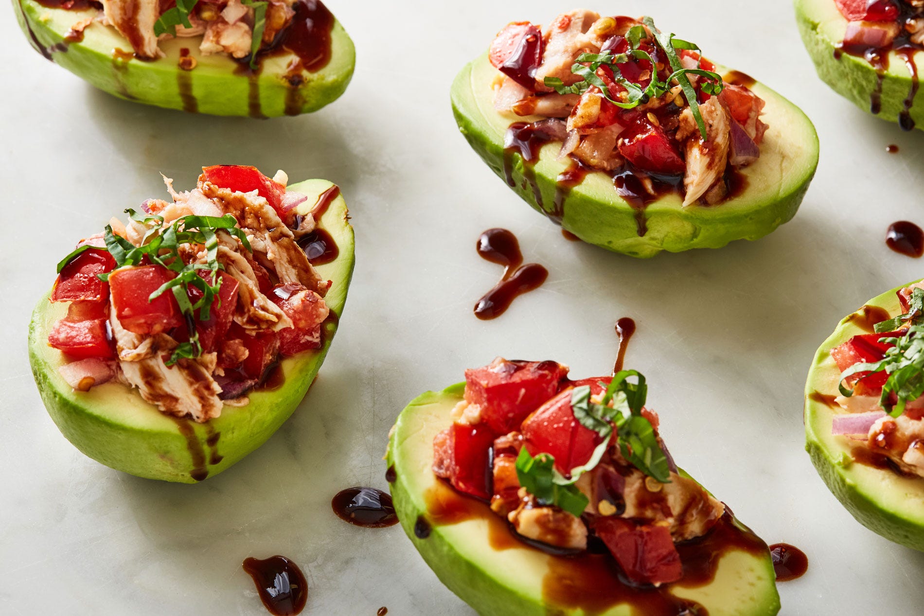 Bruschetta Chicken Stuffed Avocados = Zero Guilt Lunch