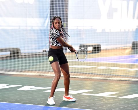 new york, new york   august 24 editorial use only american tennis player coco gauff plays on the american express courts at hudson river park’s pier 76 as the courts are unveiled ahead of 2021 us open tennis tournament on august 24, 2021 in new york city photo by bryan beddergetty images for american express
